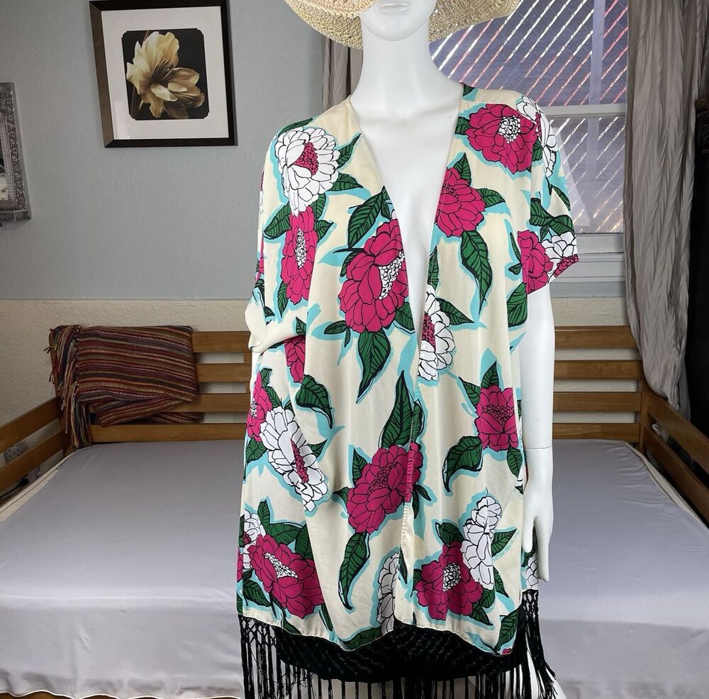 Seven7 Melissa McCarthy Oversized Wrap Shawl Top Short Sleeve Med Pearl Floral